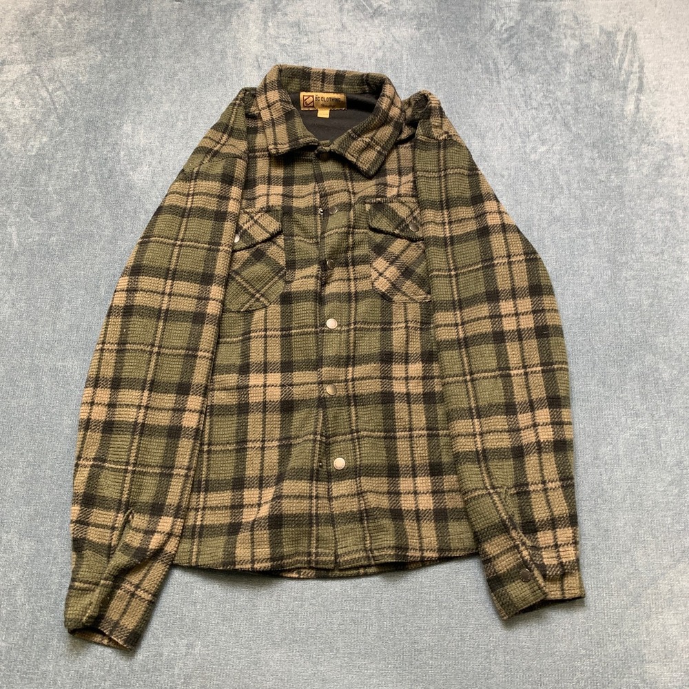 BC Clothing Heritage Shirt Mens Medium Olive Green Black Plaid Flannel Button Up